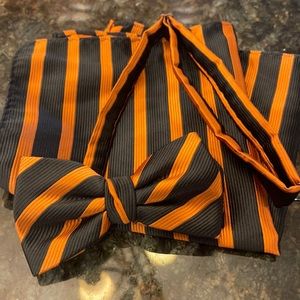 Black/orange bow tie and pocket square